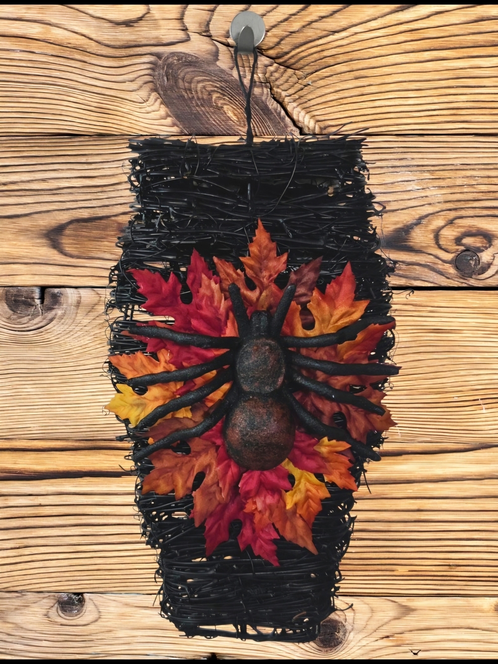 OOAK Black Twig Coffin Wall Decor With Fall Leaves & Giant Spider Large 1' Tall